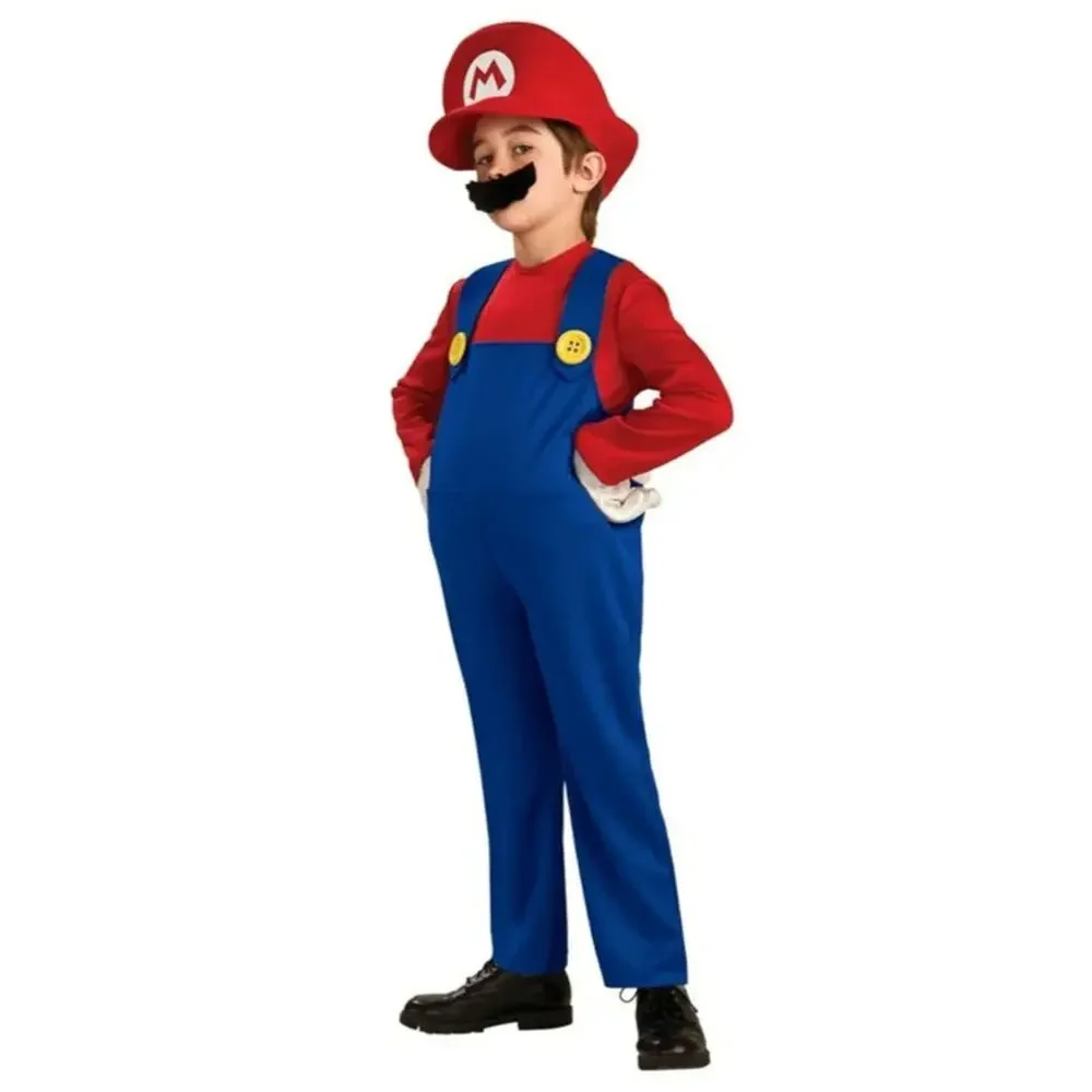 Super Mario Kids Costume Sz S 3/4 Years Bodysuit Gloves Mustache Hat Halloween